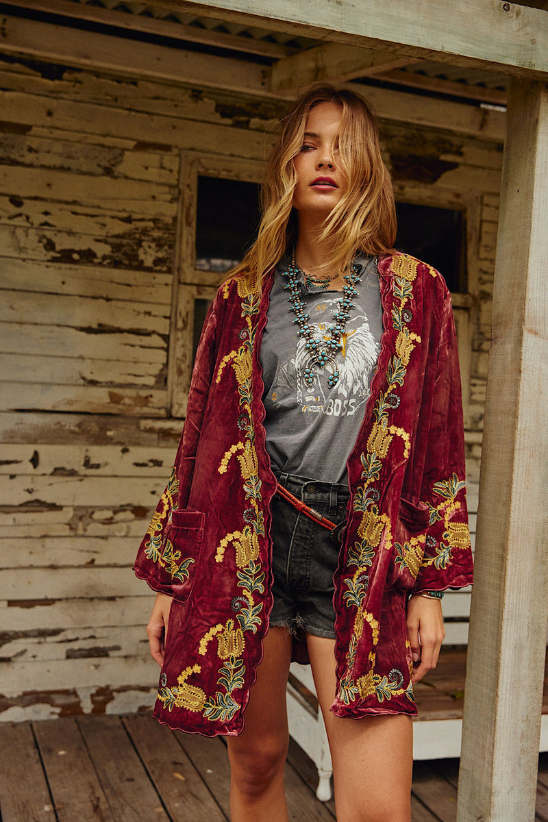 Proud Mary Silk Velvet And Embroidered Short Housecoat - Ruby - Chasing Unicorns