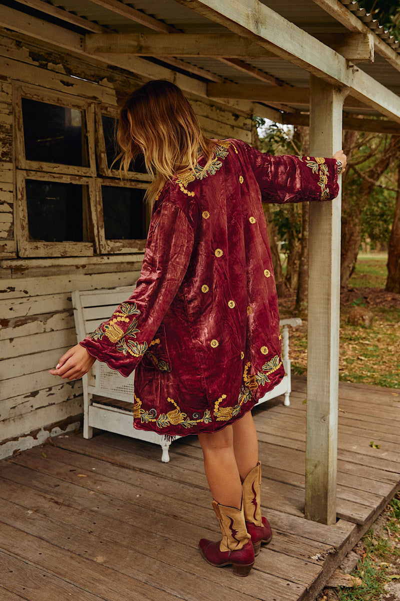 Proud Mary Silk Velvet And Embroidered Short Housecoat - Ruby - Chasing Unicorns