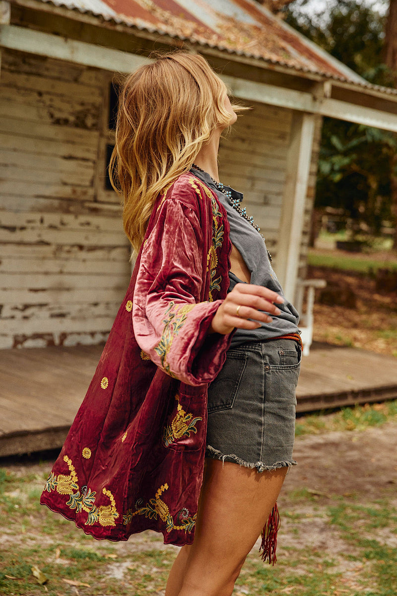 Proud Mary Silk Velvet And Embroidered Short Housecoat - Ruby - Chasing Unicorns