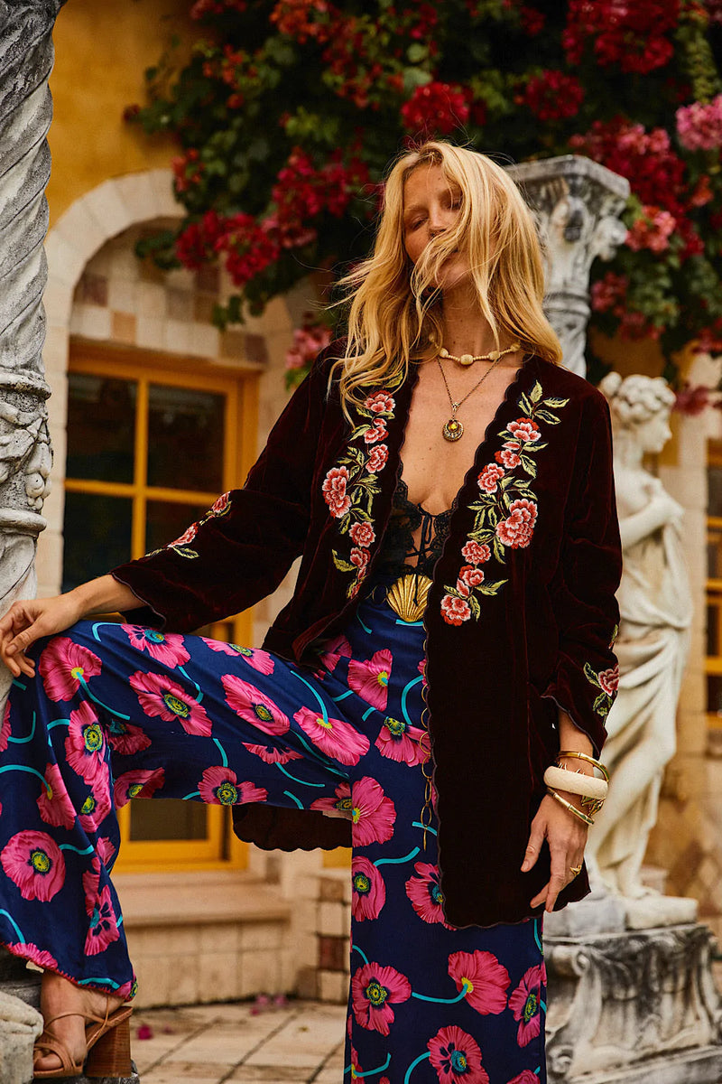 💫 Proud Mary Silk Velvet And Embroidered Short Housecoat - Wine - Chasing Unicorns