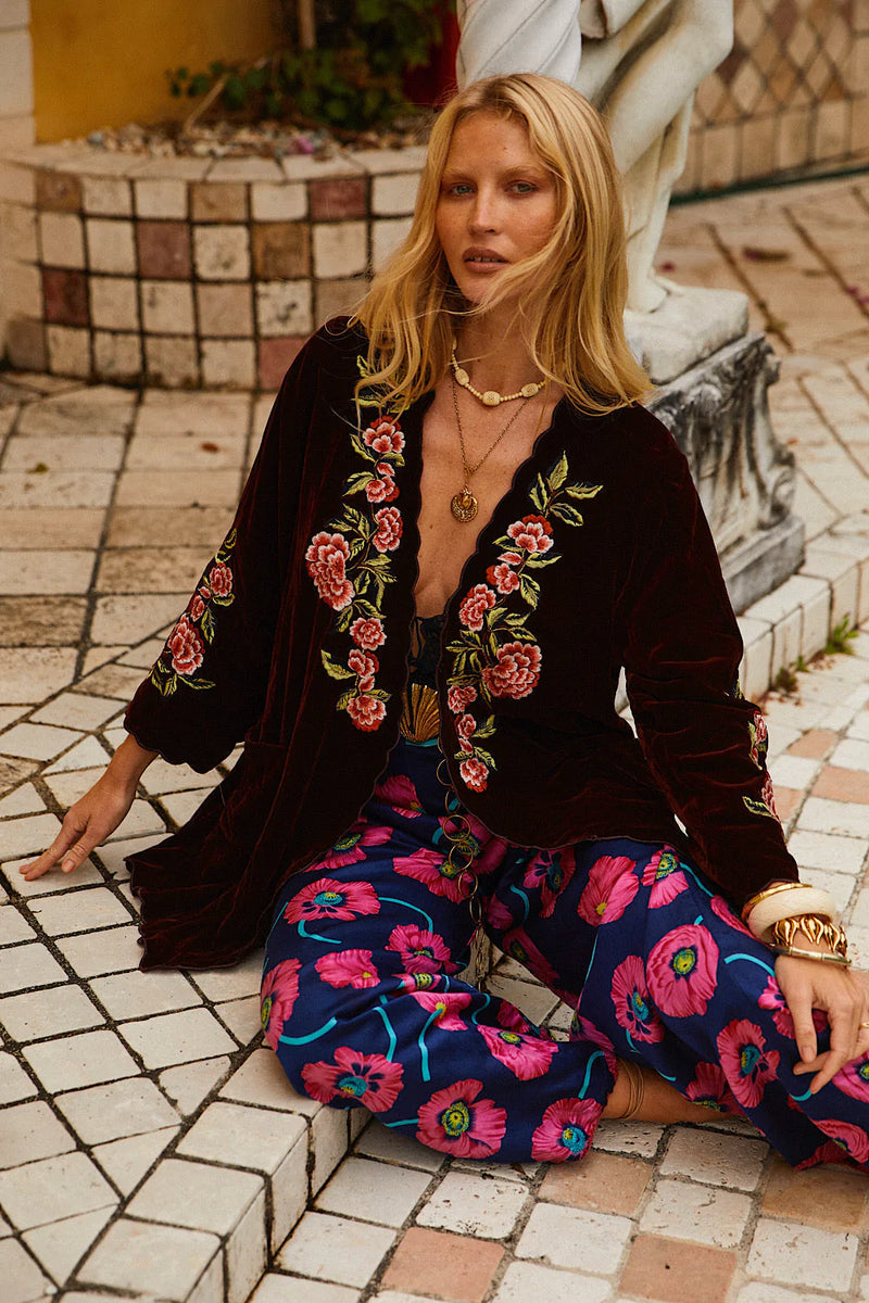 💫 Proud Mary Silk Velvet And Embroidered Short Housecoat - Wine - Chasing Unicorns