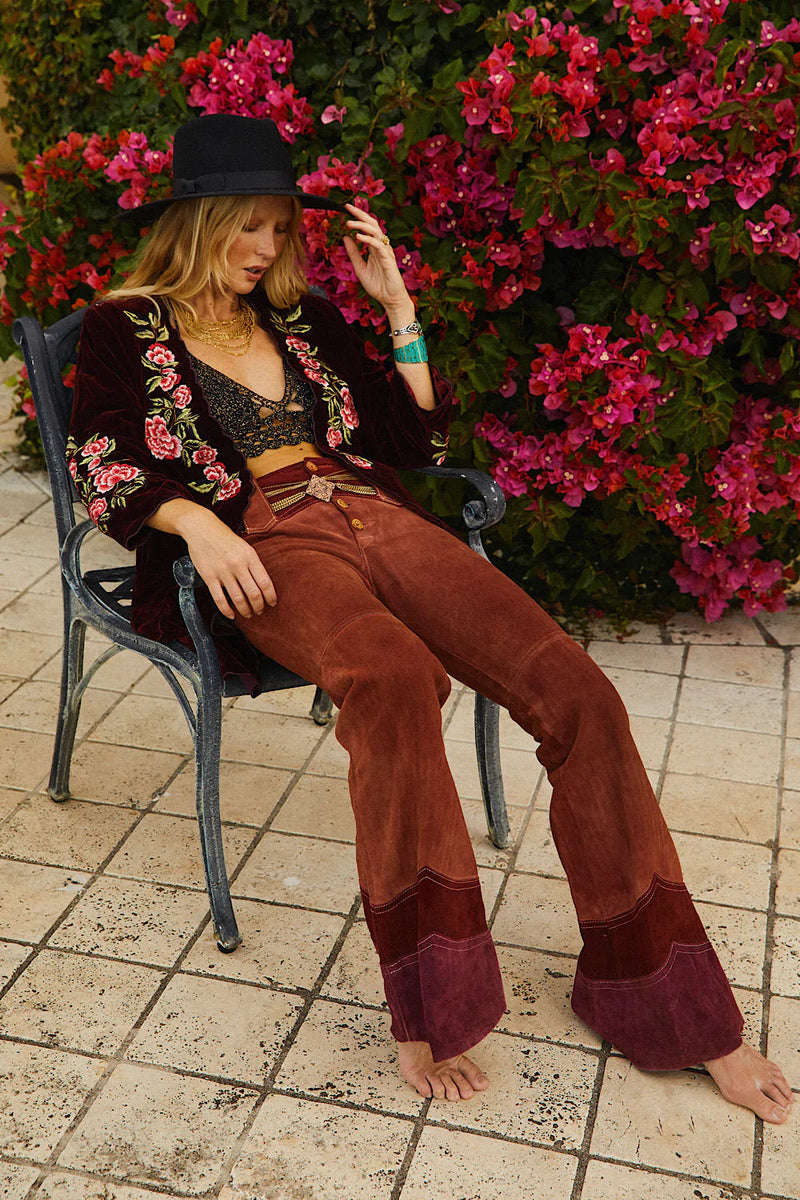 💫 Proud Mary Silk Velvet And Embroidered Short Housecoat - Wine - Chasing Unicorns