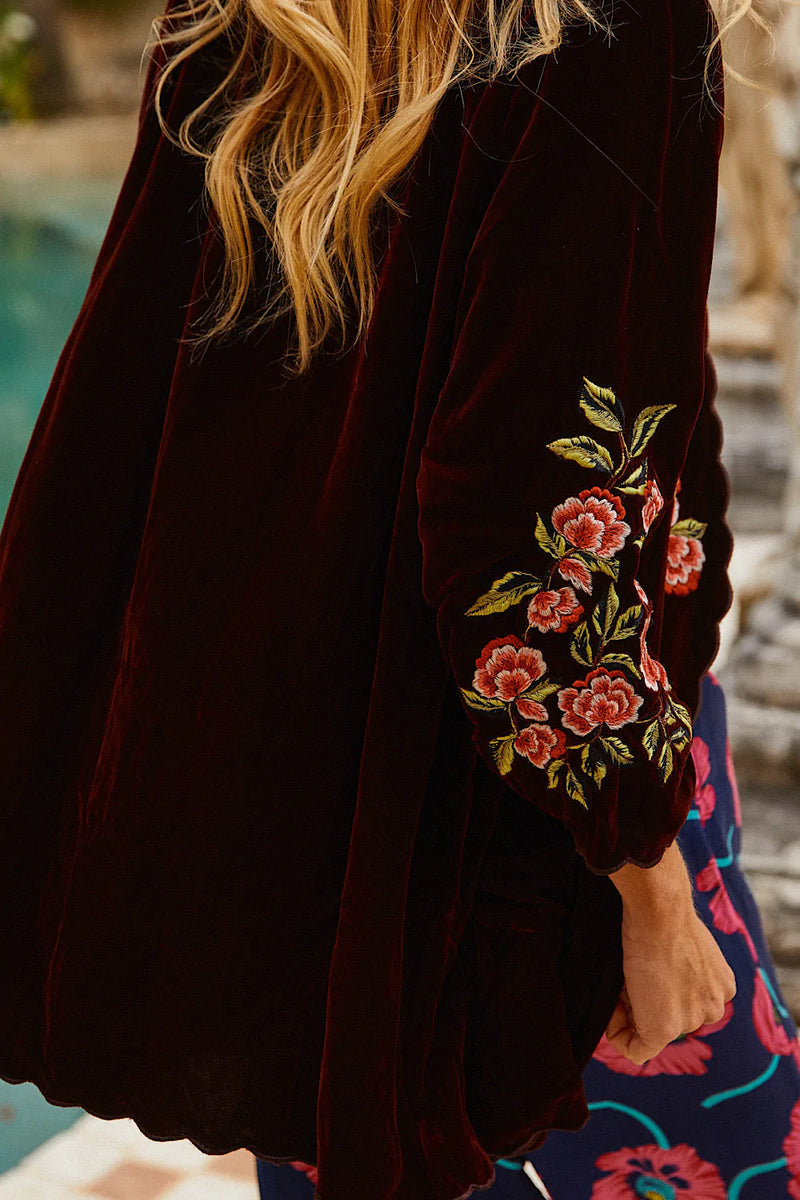 💫 Proud Mary Silk Velvet And Embroidered Short Housecoat - Wine - Chasing Unicorns