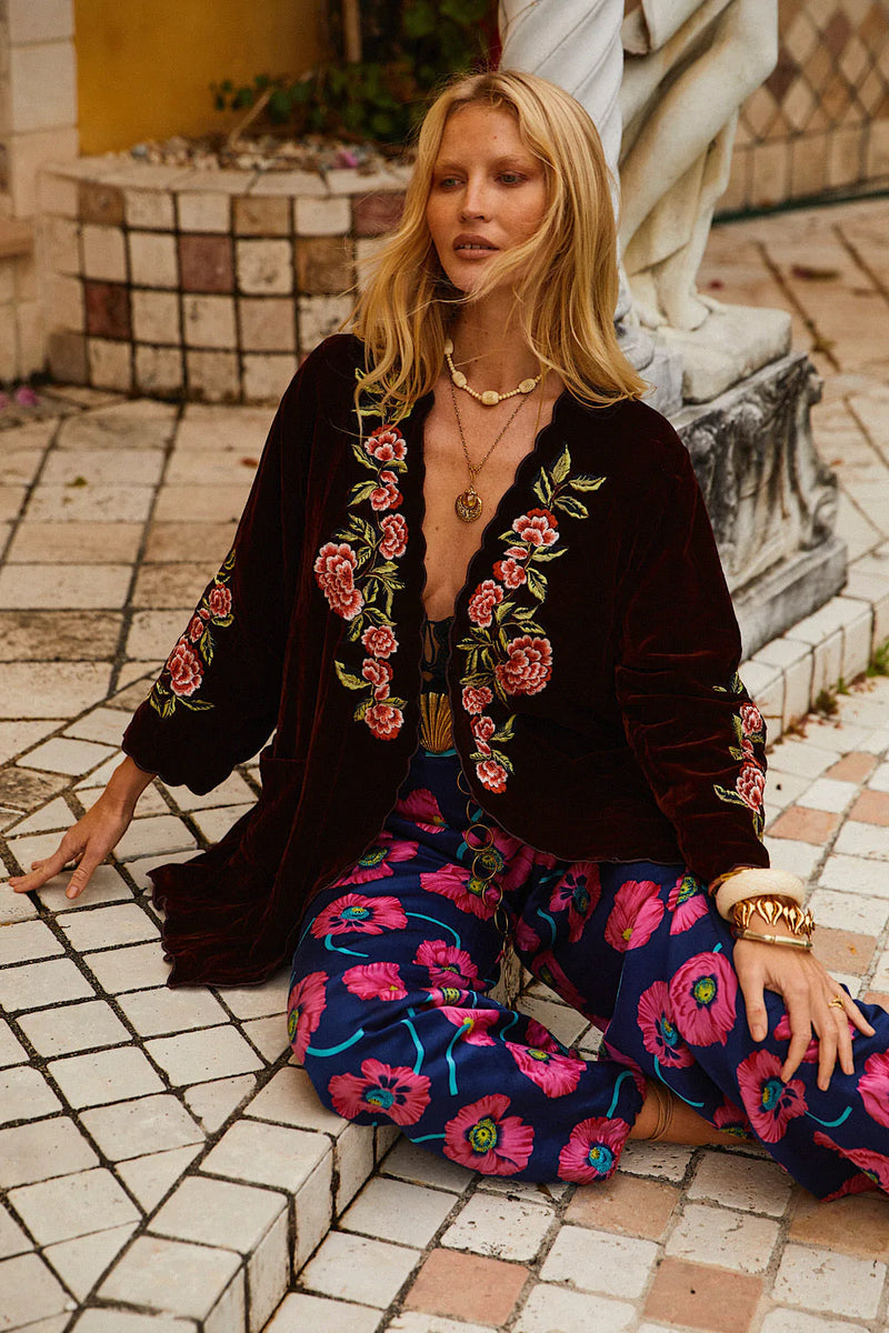 💫 Proud Mary Silk Velvet And Embroidered Short Housecoat - Wine - Chasing Unicorns