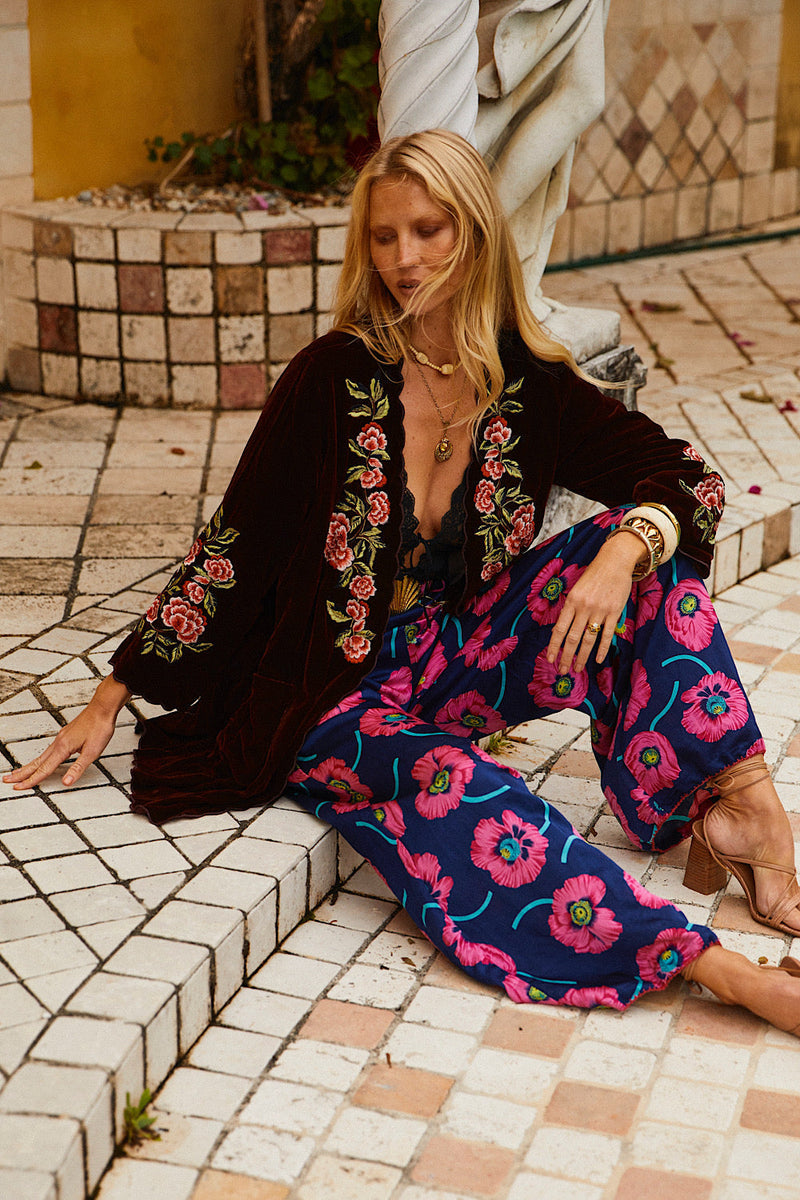 💫 Proud Mary Silk Velvet And Embroidered Short Housecoat - Wine - Chasing Unicorns