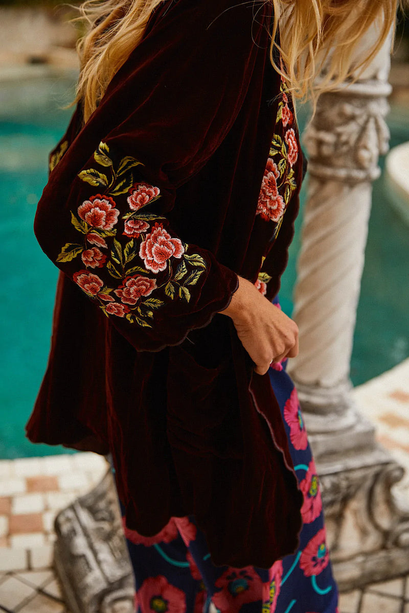 💫 Proud Mary Silk Velvet And Embroidered Short Housecoat - Wine - Chasing Unicorns