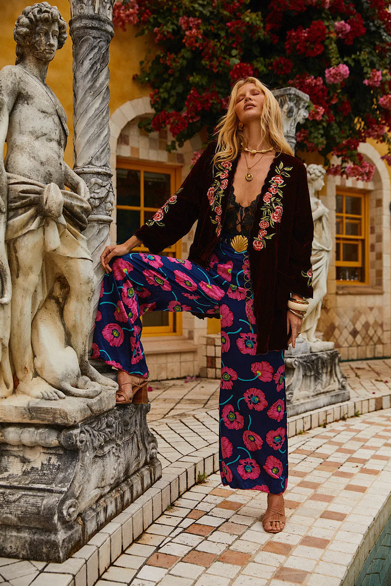 💫 Proud Mary Silk Velvet And Embroidered Short Housecoat - Wine - Chasing Unicorns