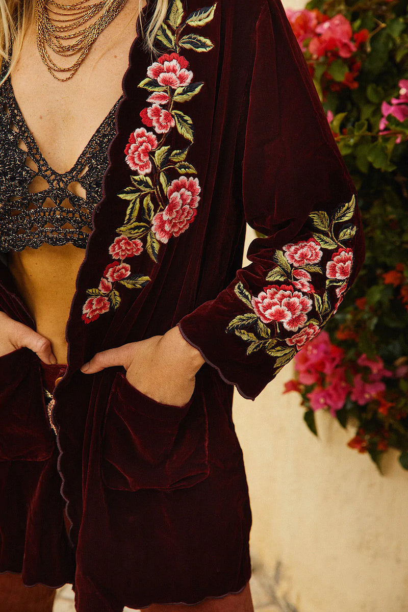 💫 Proud Mary Silk Velvet And Embroidered Short Housecoat - Wine - Chasing Unicorns