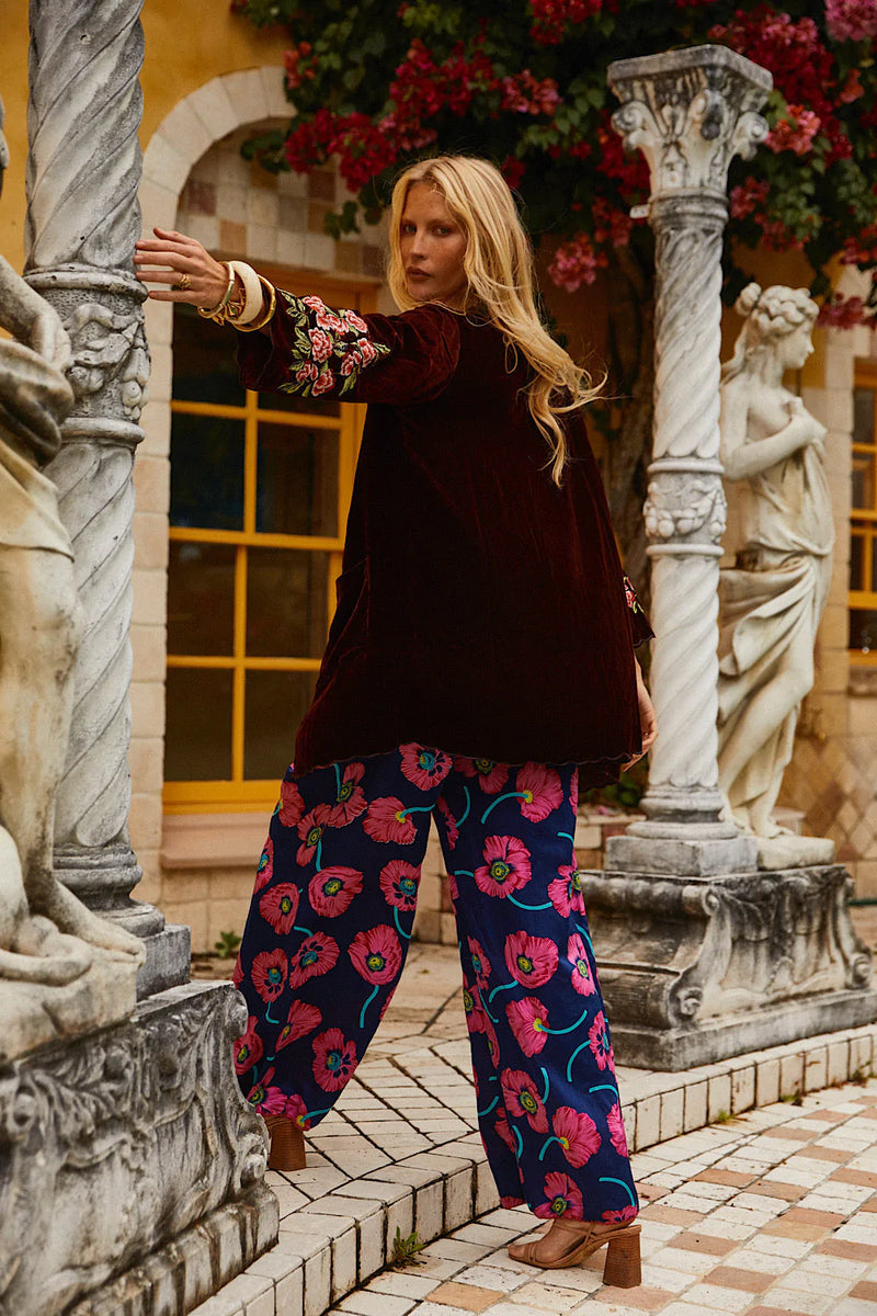 💫 Proud Mary Silk Velvet And Embroidered Short Housecoat - Wine - Chasing Unicorns