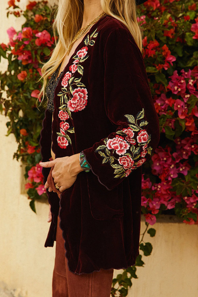 💫 Proud Mary Silk Velvet And Embroidered Short Housecoat - Wine - Chasing Unicorns