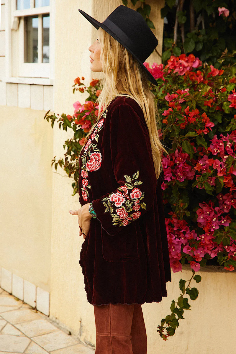 💫 Proud Mary Silk Velvet And Embroidered Short Housecoat - Wine - Chasing Unicorns