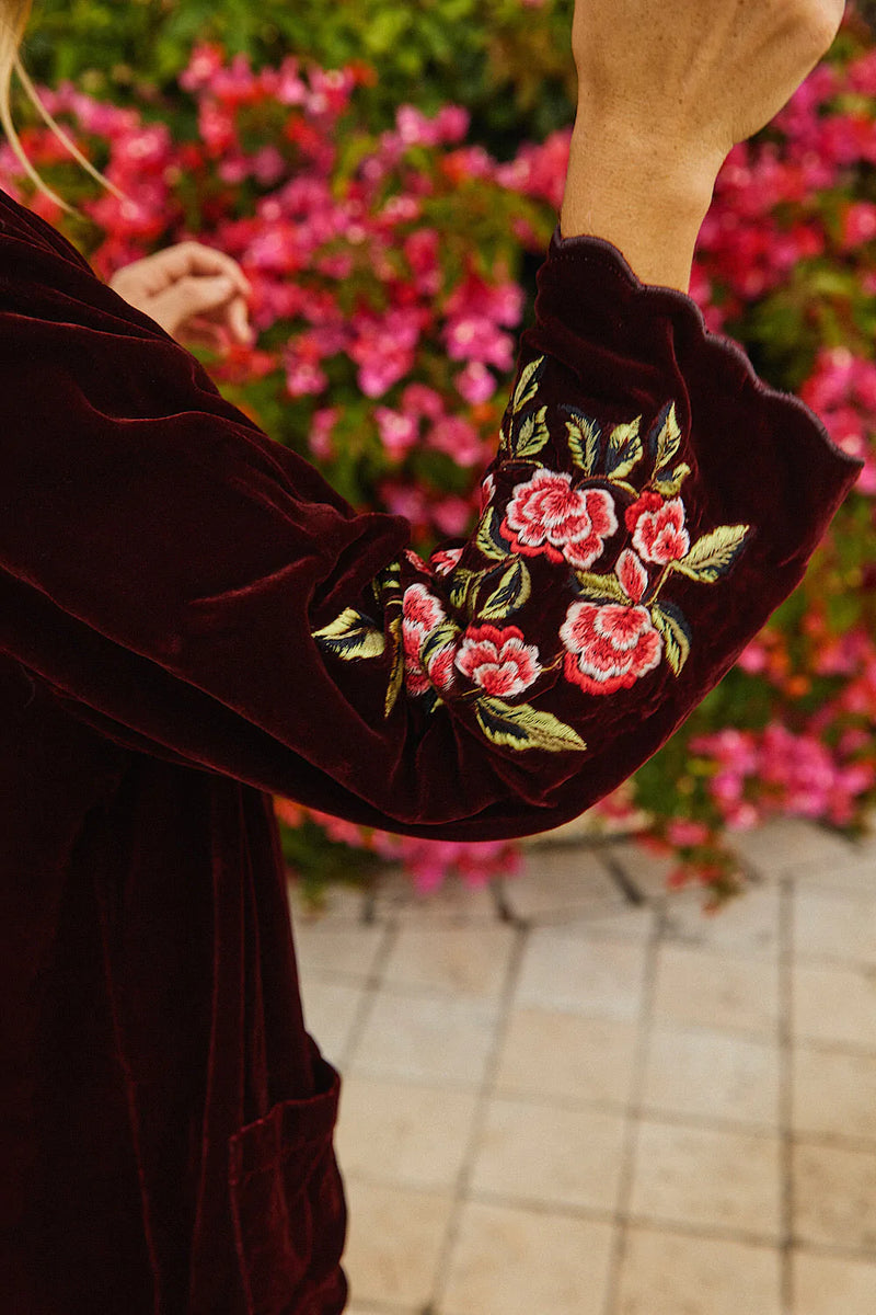 💫 Proud Mary Silk Velvet And Embroidered Short Housecoat - Wine - Chasing Unicorns