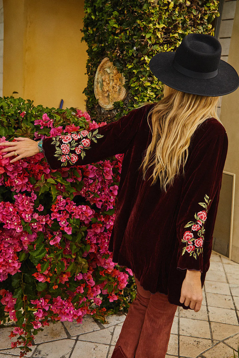 💫 Proud Mary Silk Velvet And Embroidered Short Housecoat - Wine - Chasing Unicorns