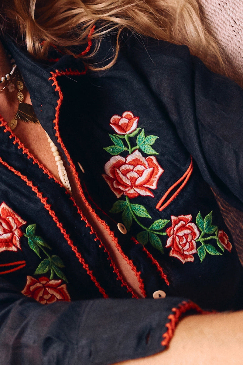 Rebel Yell Linen Western Blouse - Black - Chasing Unicorns