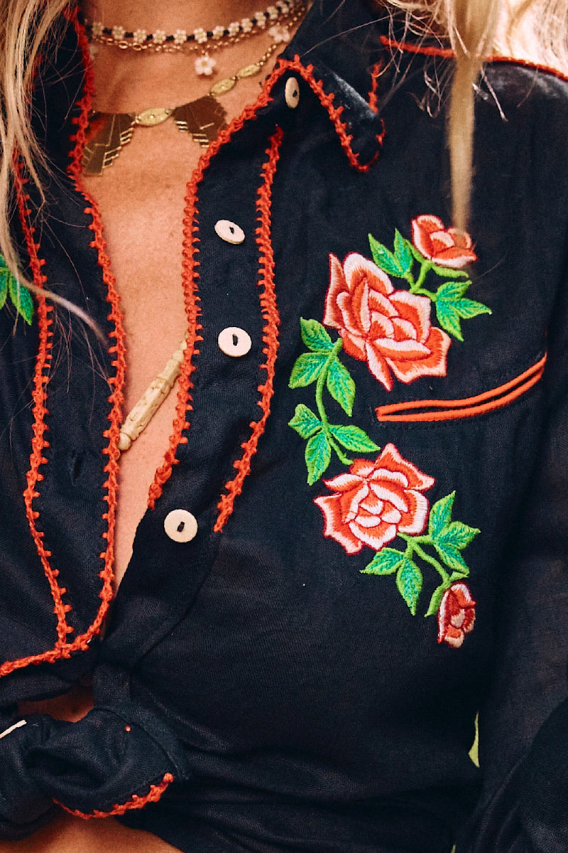 Rebel Yell Linen Western Blouse - Black - Chasing Unicorns