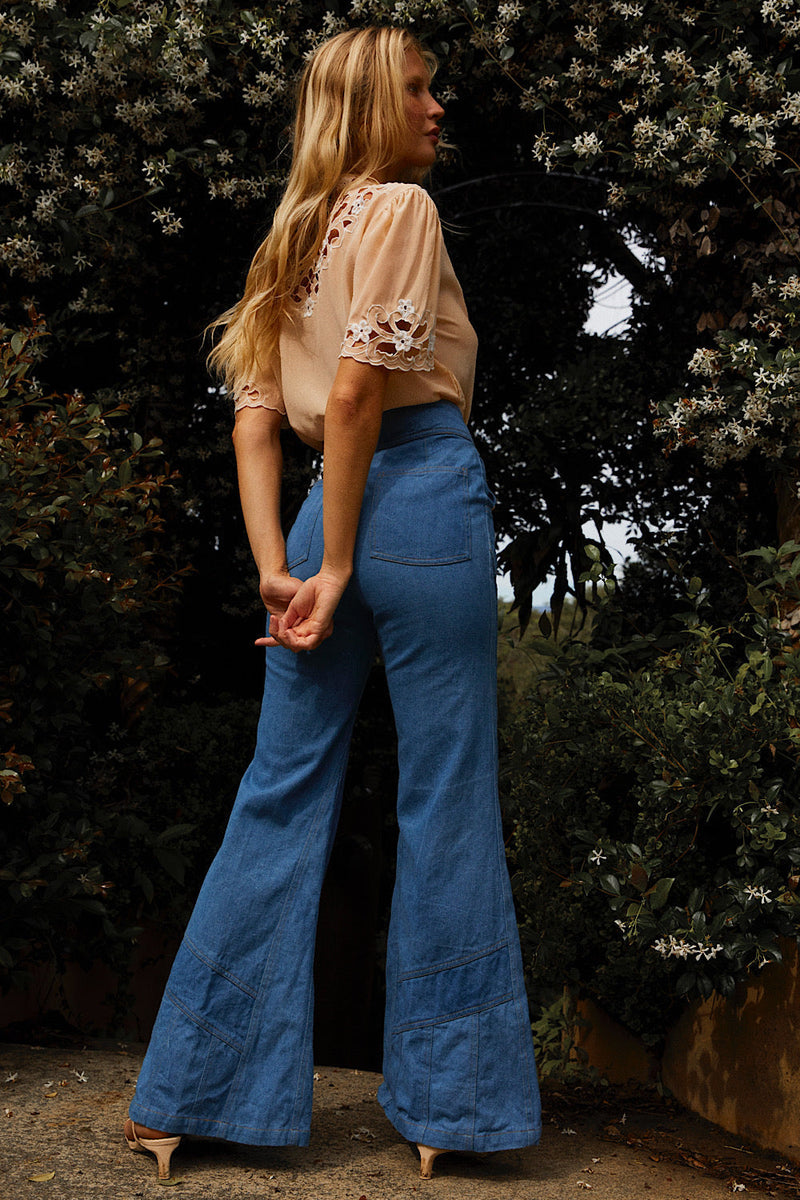 Red Hot Cotton Denim Patchwork Flares - Chasing Unicorns