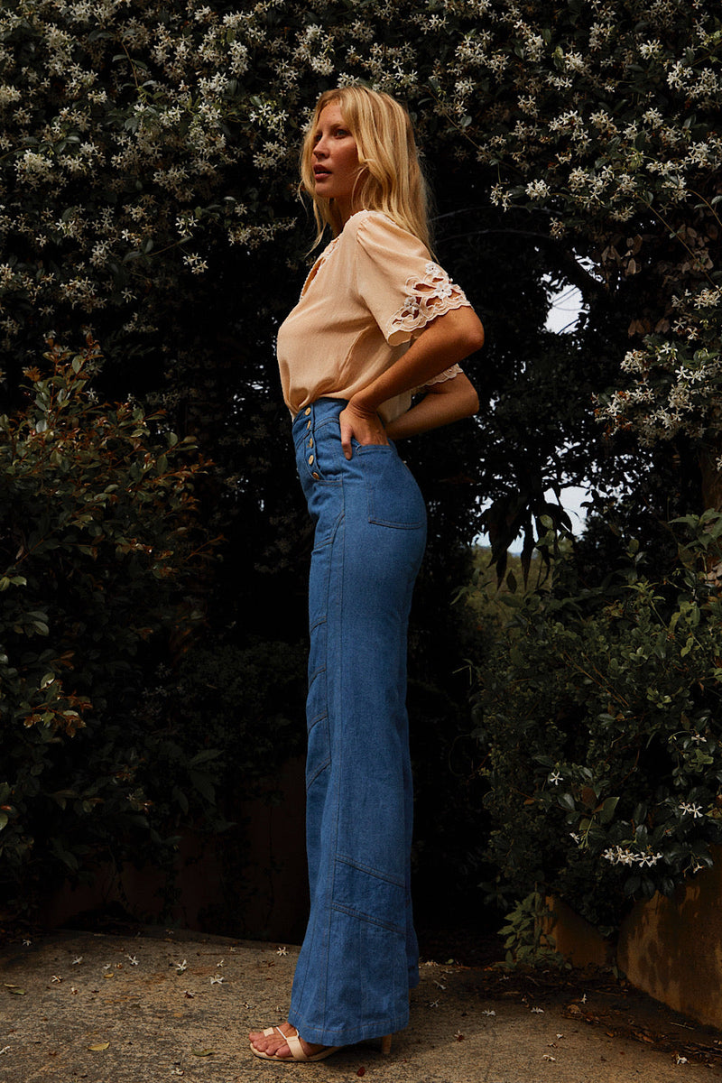 Red Hot Cotton Denim Patchwork Flares - Chasing Unicorns