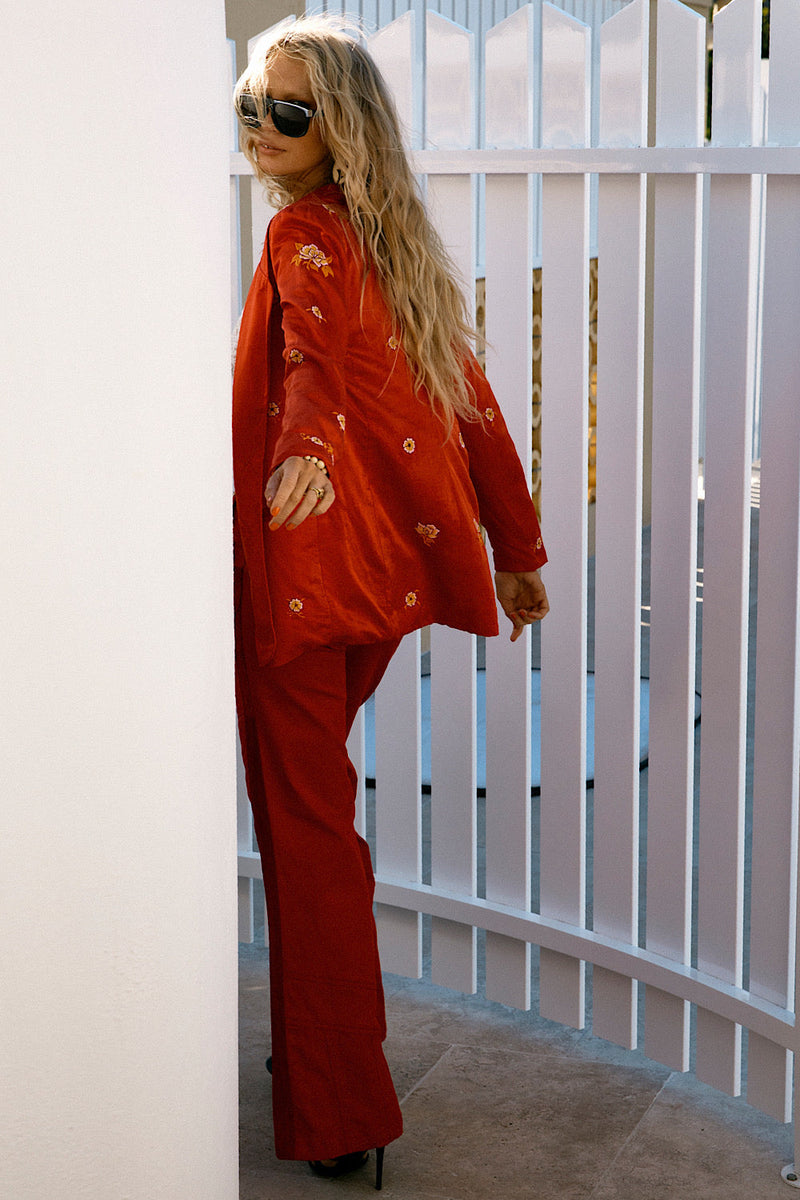 Red Hot Stretch Cotton Twill And Suede Patchwork Flares - Chasing Unicorns