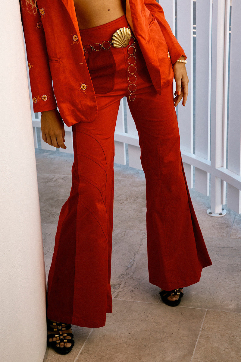 Red Hot Stretch Cotton Twill And Suede Patchwork Flares - Chasing Unicorns