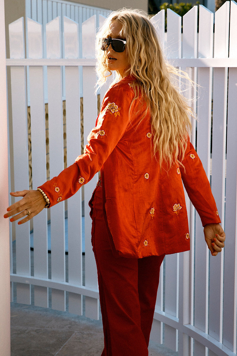 Red Hot Stretch Cotton Twill And Suede Patchwork Flares - Chasing Unicorns