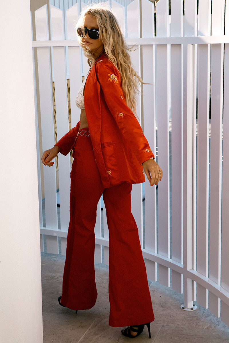 Red Hot Stretch Cotton Twill And Suede Patchwork Flares - Chasing Unicorns