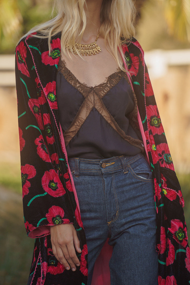 Roadhouse Blues Velvet Housecoat - Poppy - Chasing Unicorns