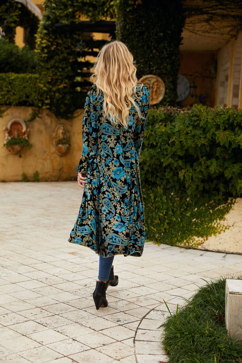 Roadhouse Blues Velvet Housecoat  -  Teal Paisley - Chasing Unicorns