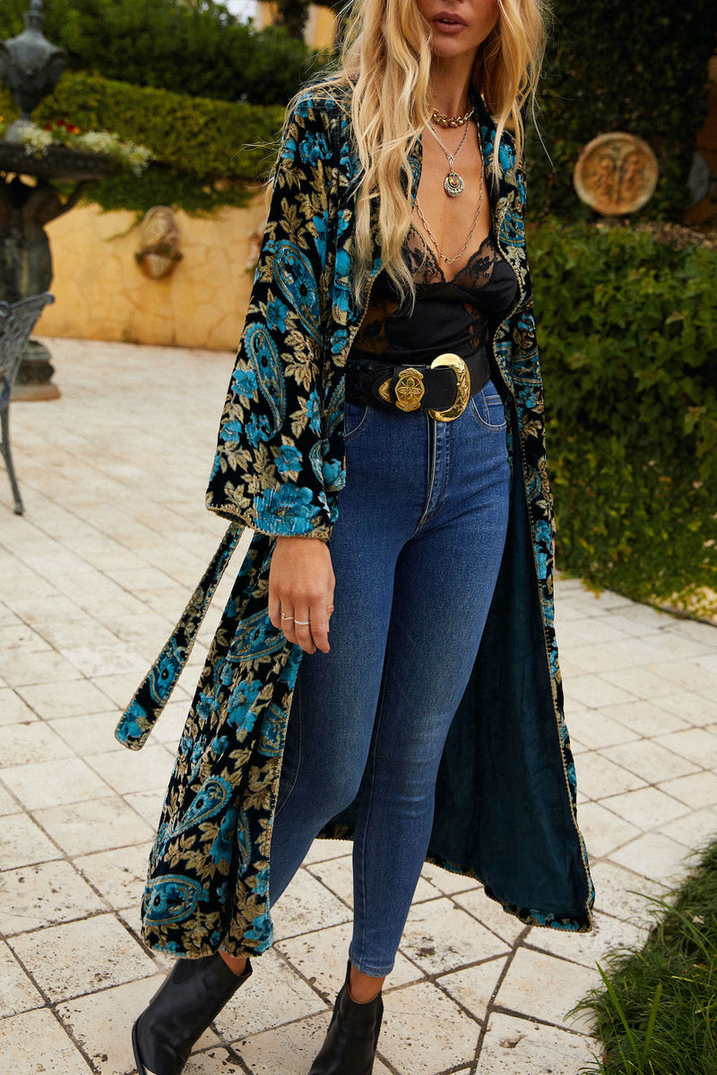 Roadhouse Blues Velvet Housecoat  -  Teal Paisley - Chasing Unicorns