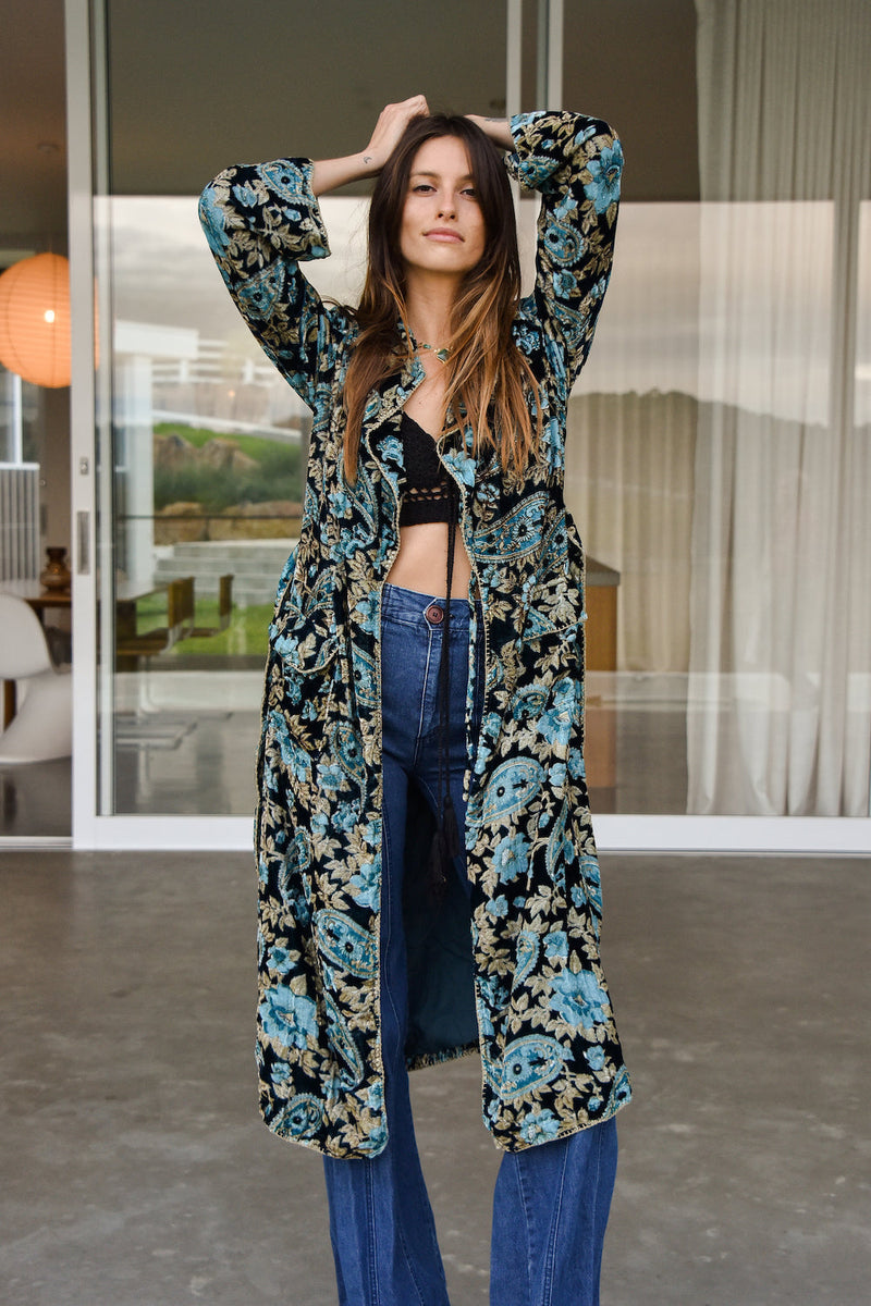 Roadhouse Blues Velvet Housecoat  -  Teal Paisley - Chasing Unicorns