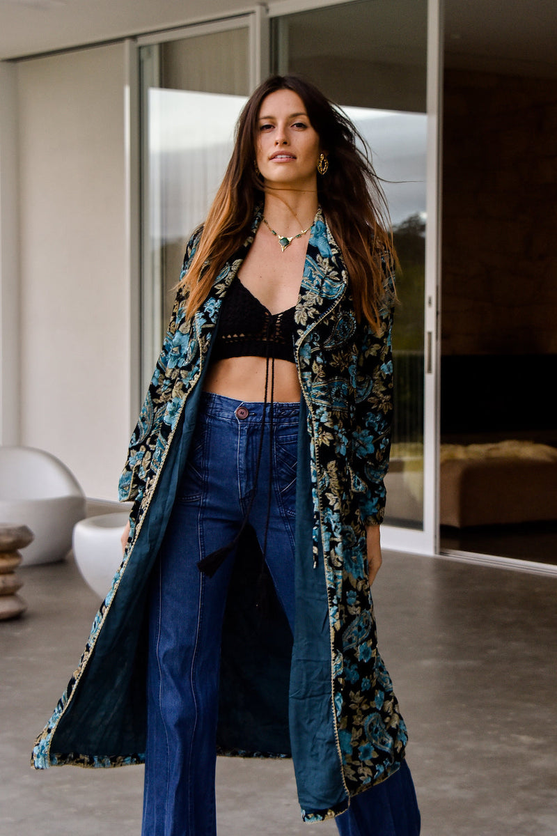 Roadhouse Blues Velvet Housecoat  -  Teal Paisley - Chasing Unicorns
