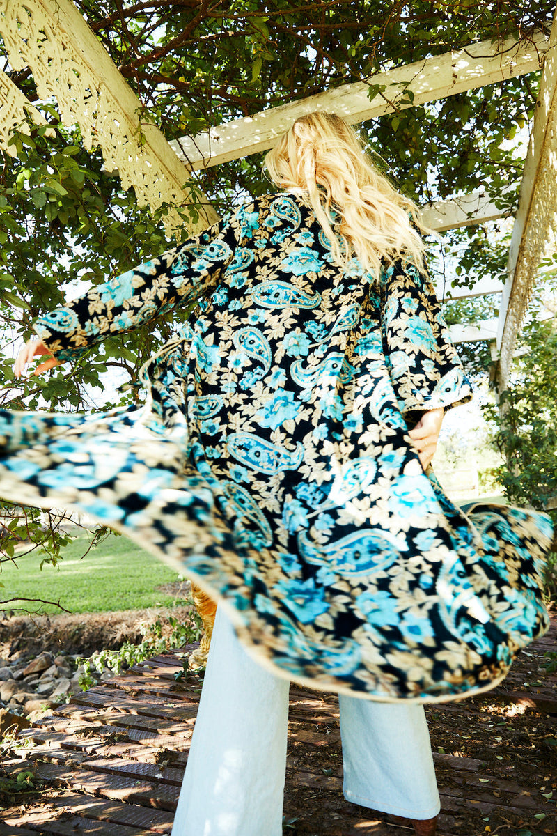 Roadhouse Blues Velvet Housecoat  -  Teal Paisley - Chasing Unicorns