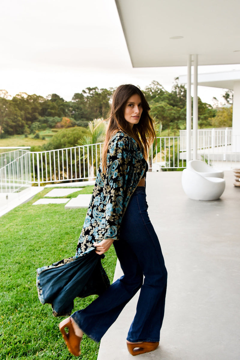 Roadhouse Blues Velvet Housecoat  -  Teal Paisley - Chasing Unicorns