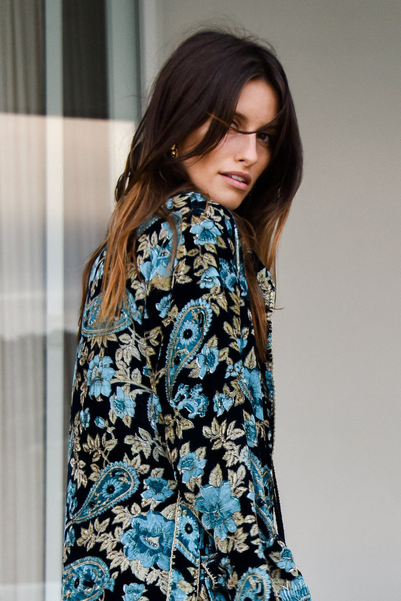 Roadhouse Blues Velvet Housecoat  -  Teal Paisley - Chasing Unicorns