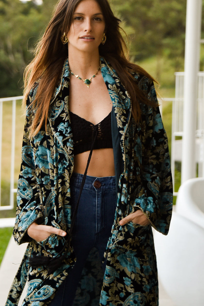 Roadhouse Blues Velvet Housecoat  -  Teal Paisley - Chasing Unicorns