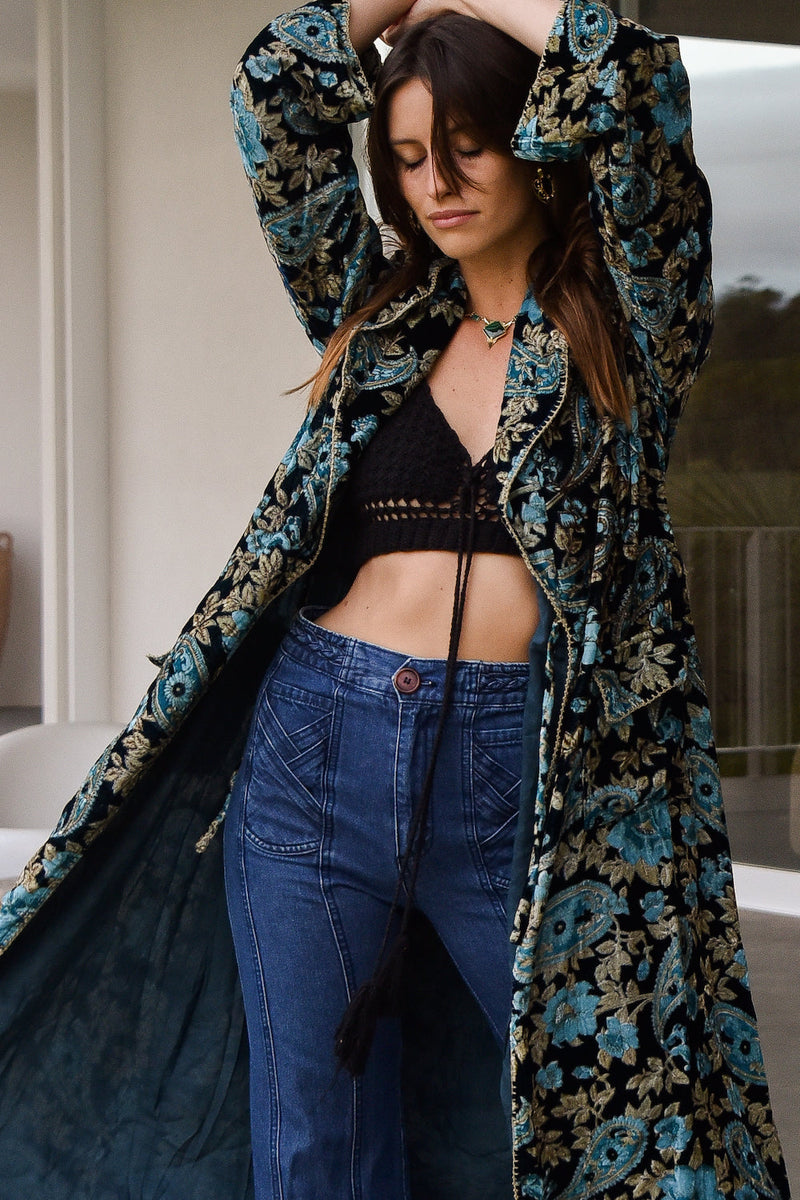 Roadhouse Blues Velvet Housecoat  -  Teal Paisley - Chasing Unicorns