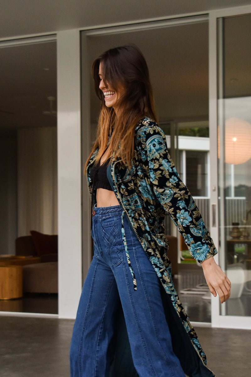 Roadhouse Blues Velvet Housecoat  -  Teal Paisley - Chasing Unicorns