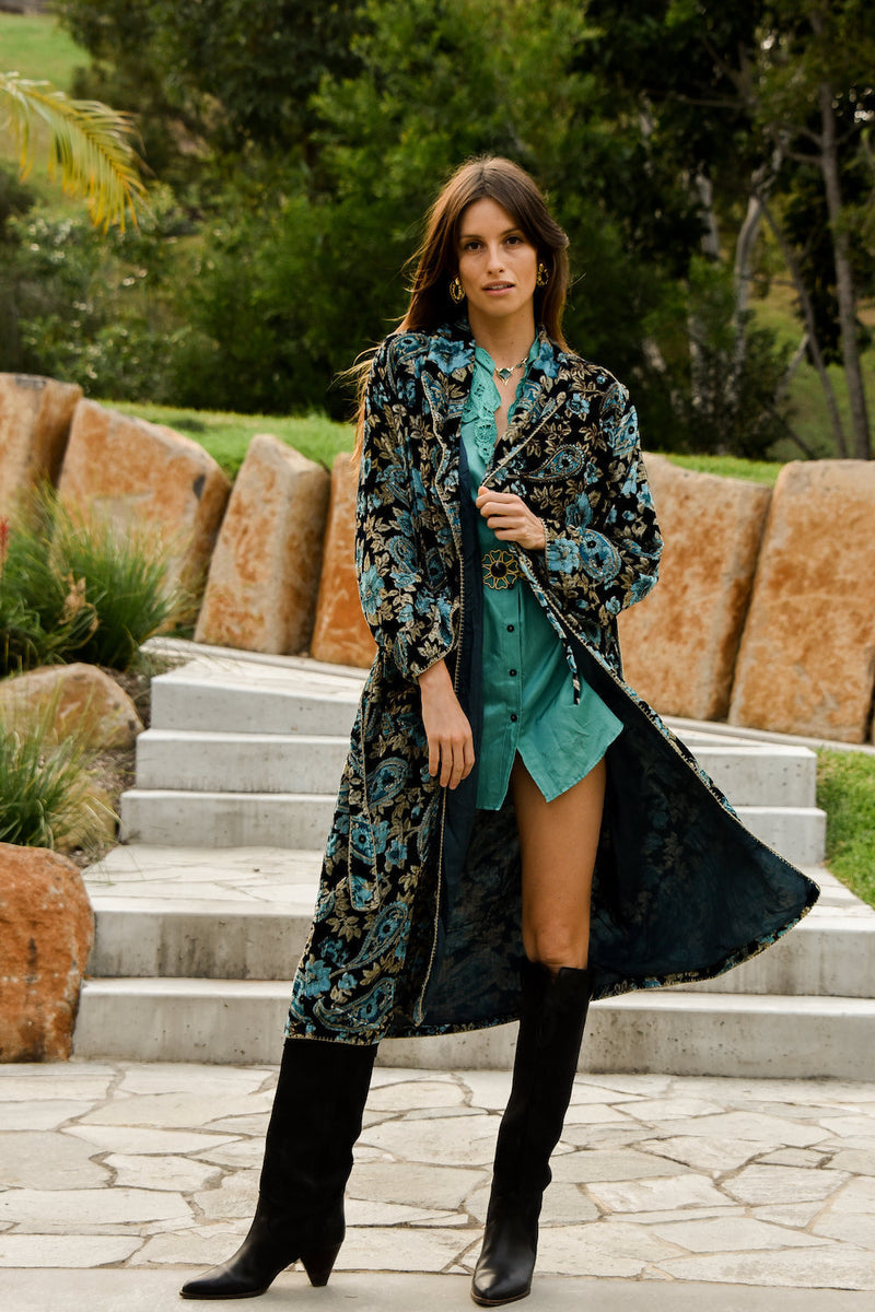 Roadhouse Blues Velvet Housecoat  -  Teal Paisley - Chasing Unicorns