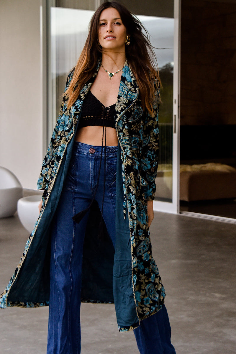 Roadhouse Blues Velvet Housecoat  -  Teal Paisley - Chasing Unicorns