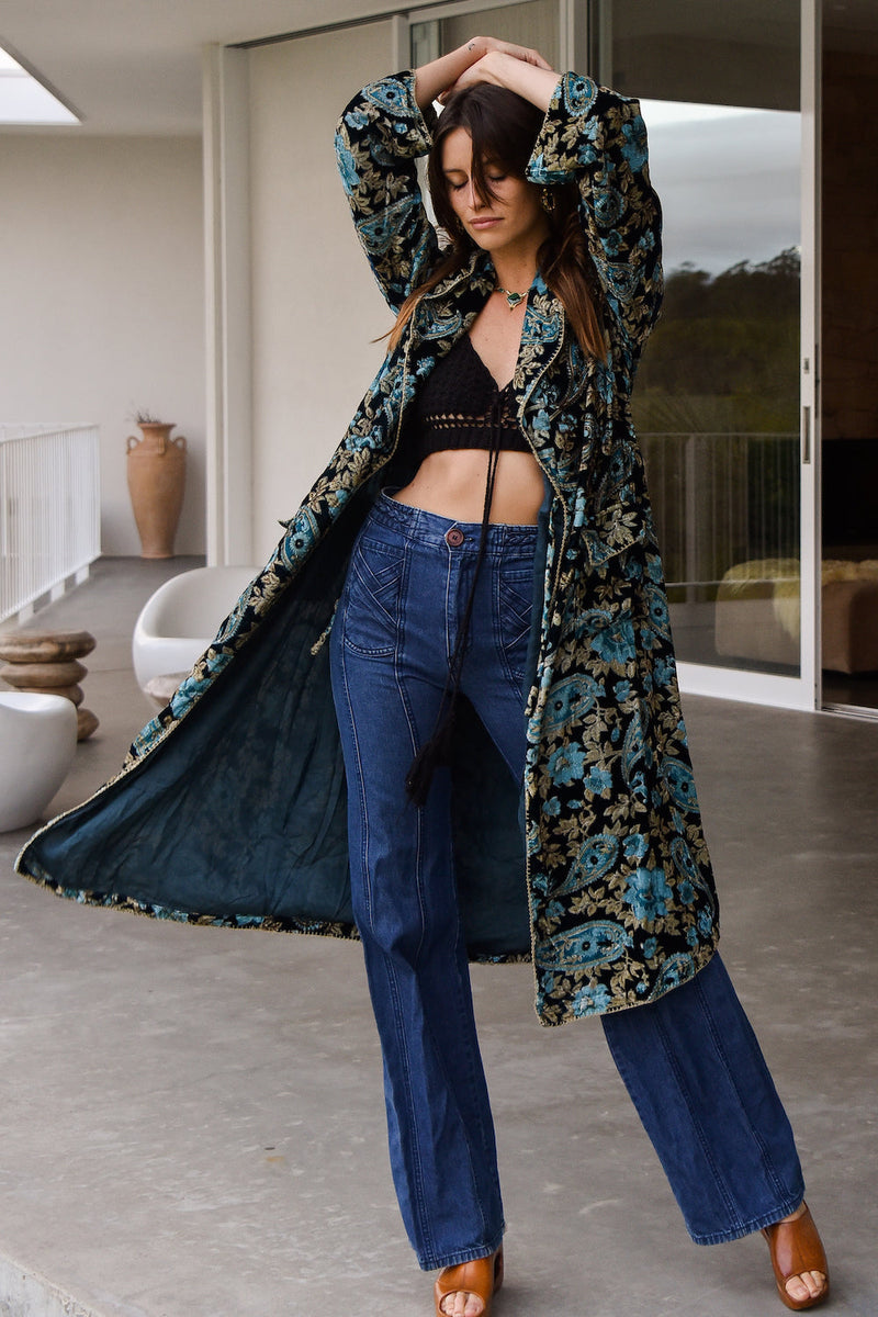 Roadhouse Blues Velvet Housecoat  -  Teal Paisley - Chasing Unicorns