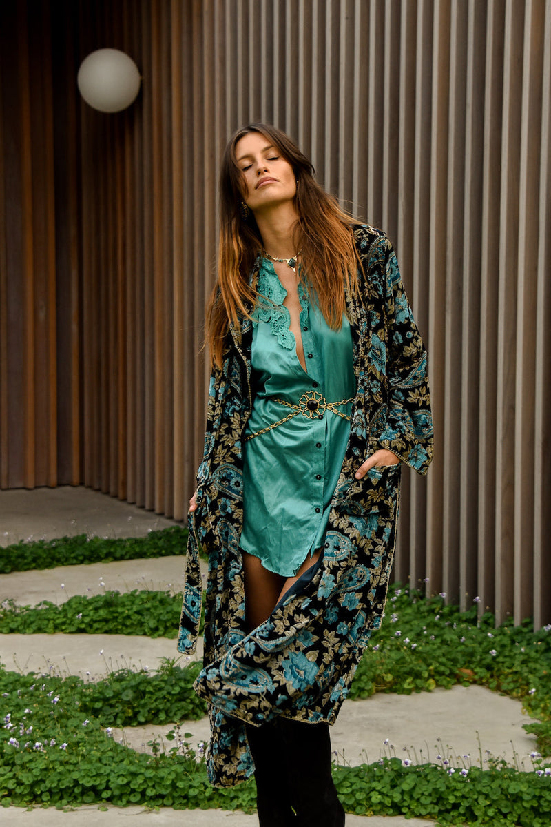 Roadhouse Blues Velvet Housecoat  -  Teal Paisley - Chasing Unicorns