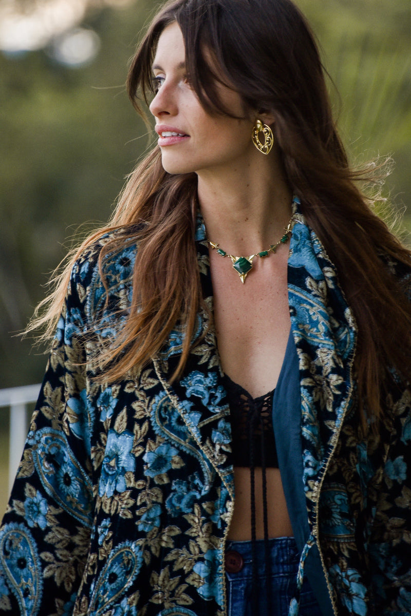 Roadhouse Blues Velvet Housecoat  -  Teal Paisley - Chasing Unicorns