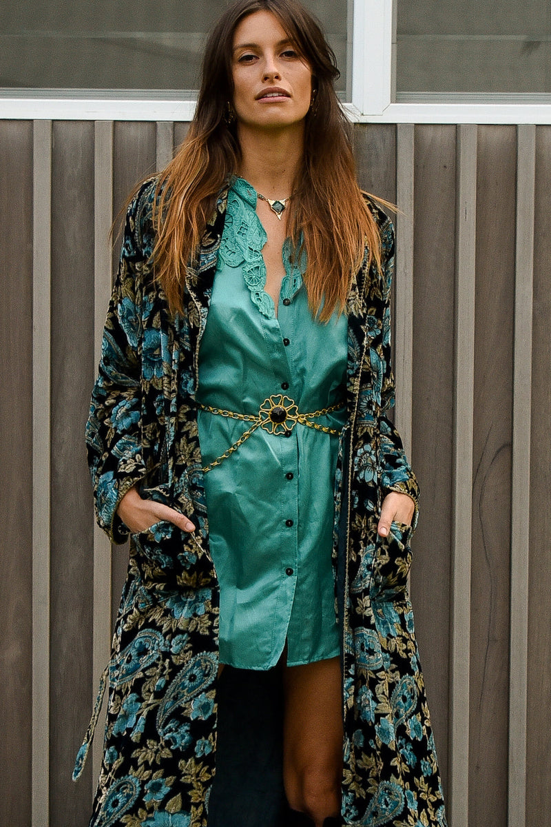 Roadhouse Blues Velvet Housecoat  -  Teal Paisley - Chasing Unicorns