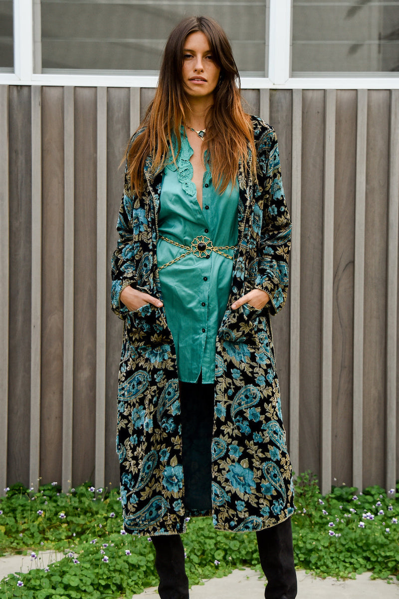 Roadhouse Blues Velvet Housecoat  -  Teal Paisley - Chasing Unicorns