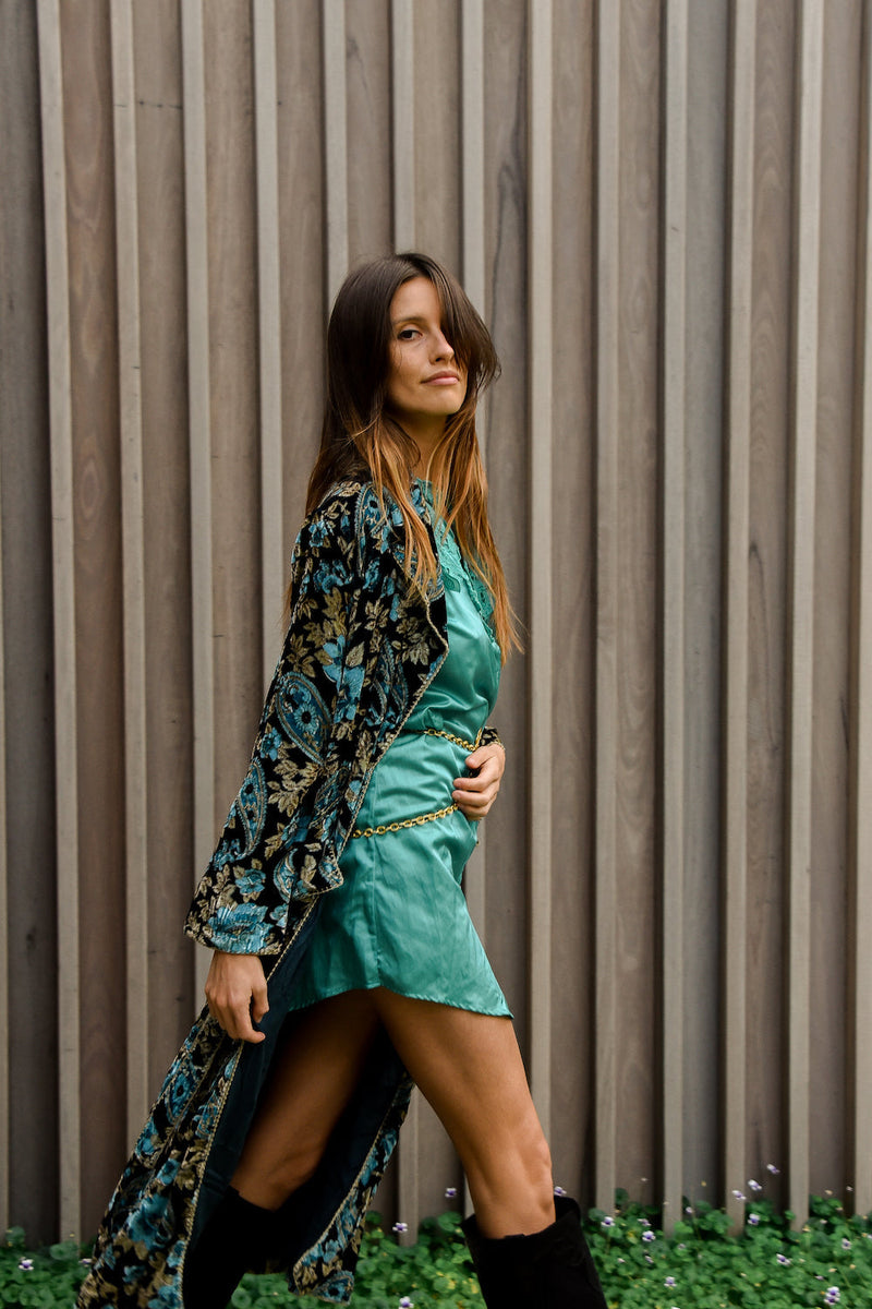 Roadhouse Blues Velvet Housecoat  -  Teal Paisley - Chasing Unicorns