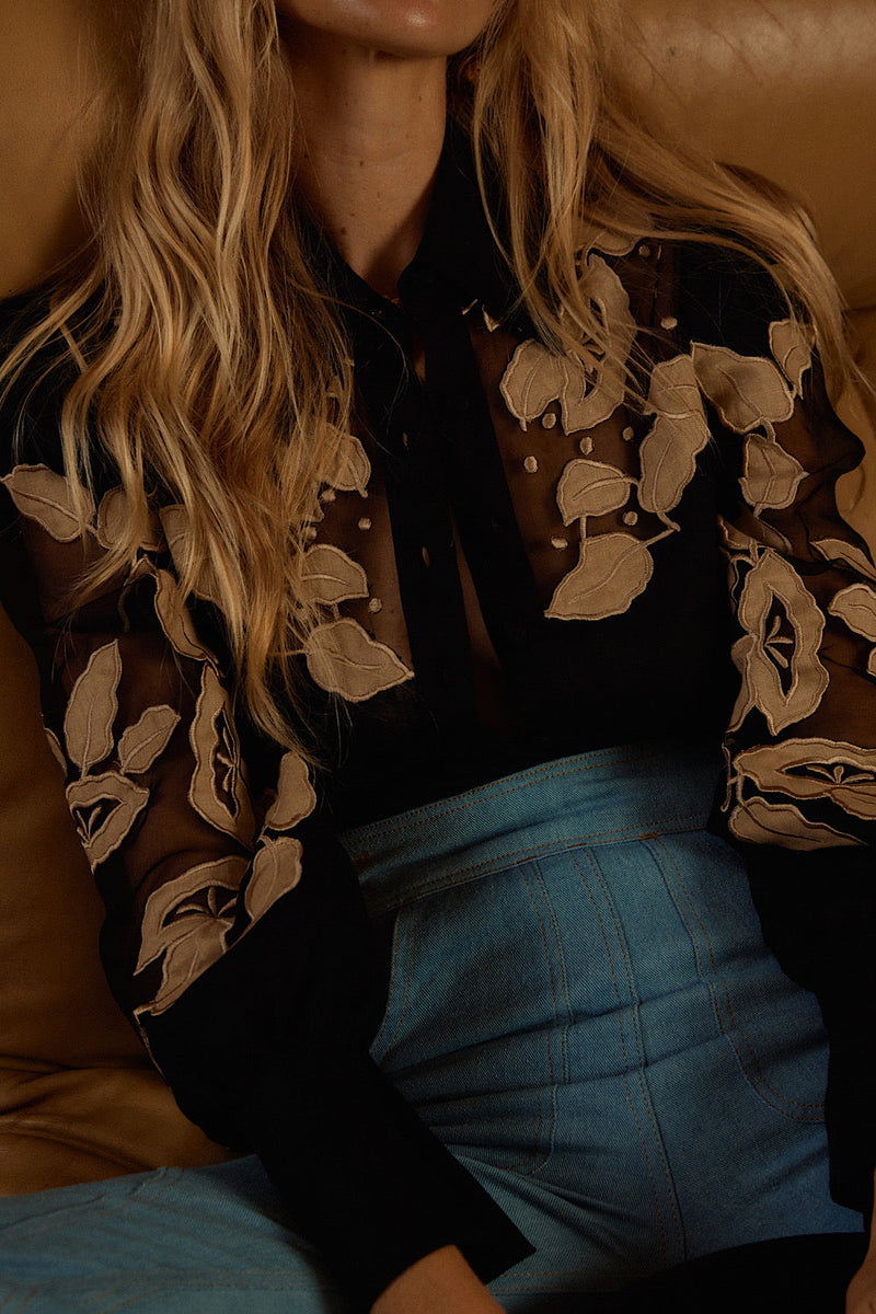 Rocks Off Linen + Organza Blouse With Floral Appliqués - Chasing Unicorns