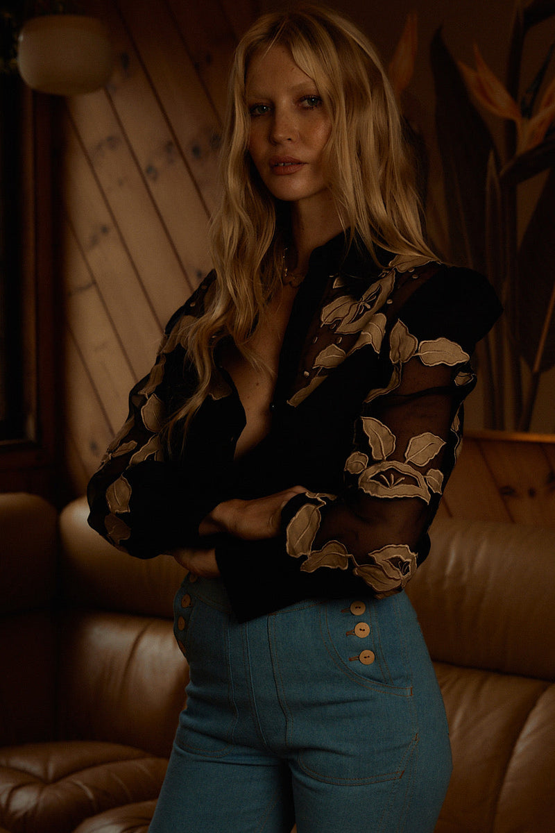 Rocks Off Linen + Organza Blouse With Floral Appliqués - Chasing Unicorns