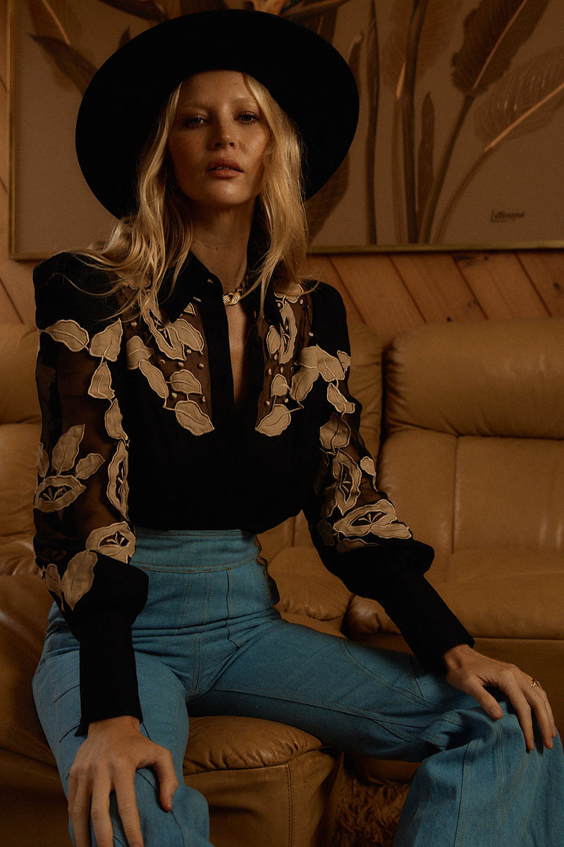 Rocks Off Linen + Organza Blouse With Floral Appliqués - Chasing Unicorns