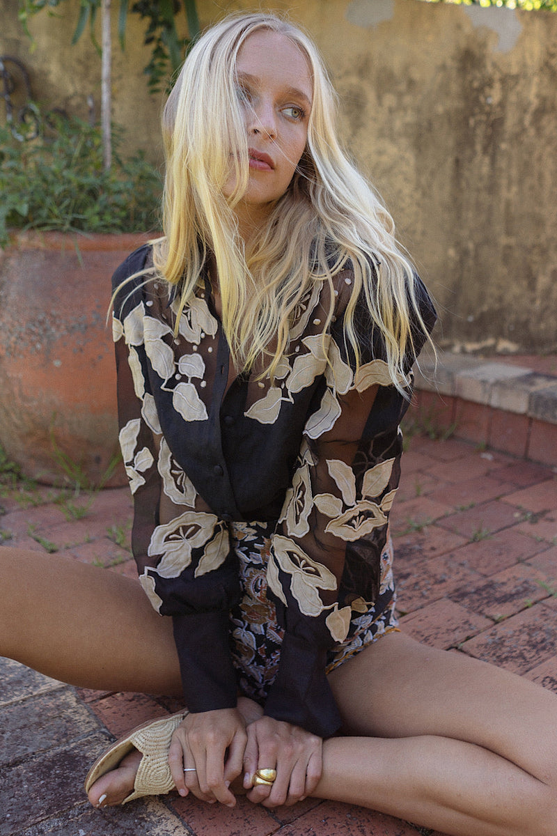 Rocks Off Linen + Organza Blouse With Floral Appliqués - Chasing Unicorns