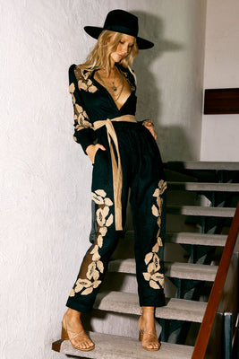 Rocks Off Linen + Organza Jumpsuit With Floral Appliqués