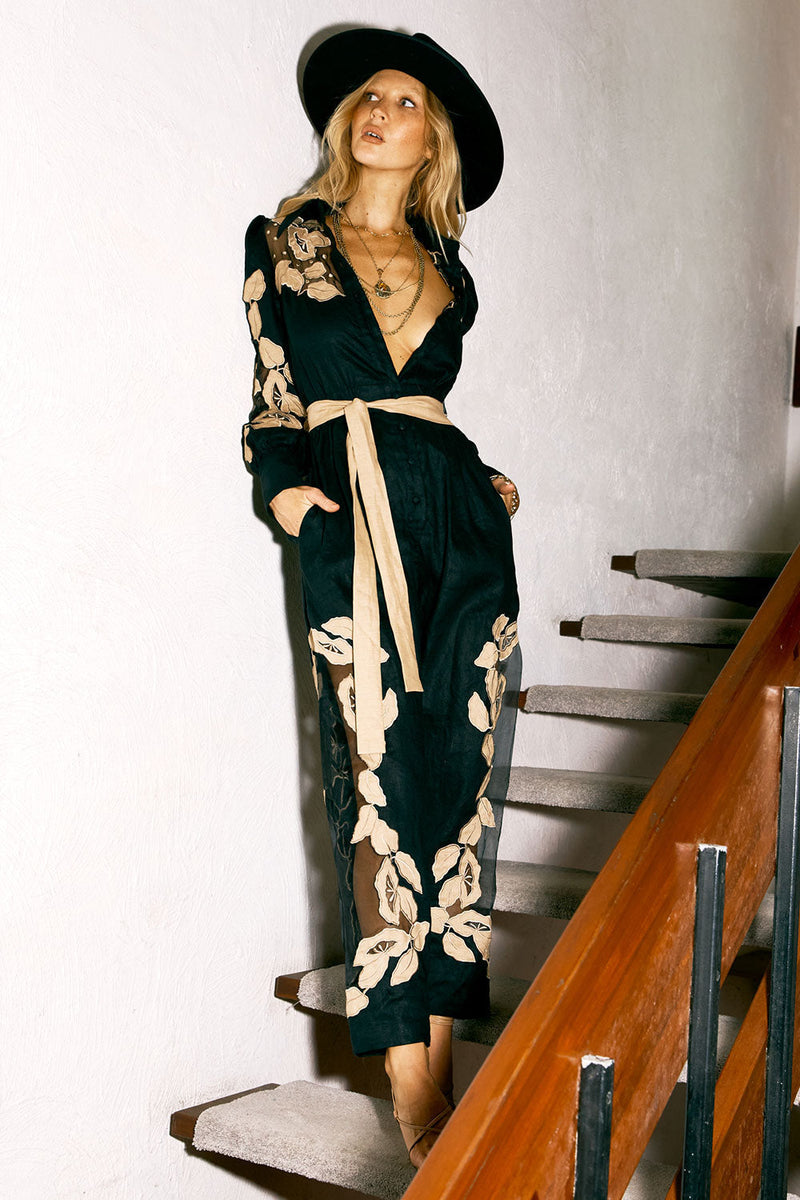 Rocks Off Linen + Organza Jumpsuit With Floral Appliqués - Chasing Unicorns